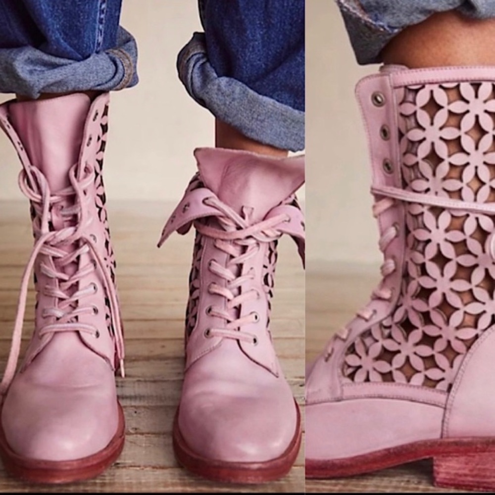 Free People Flower Power Lace-up Festival Ankle Boots Pink Combat Sz 36 US 6